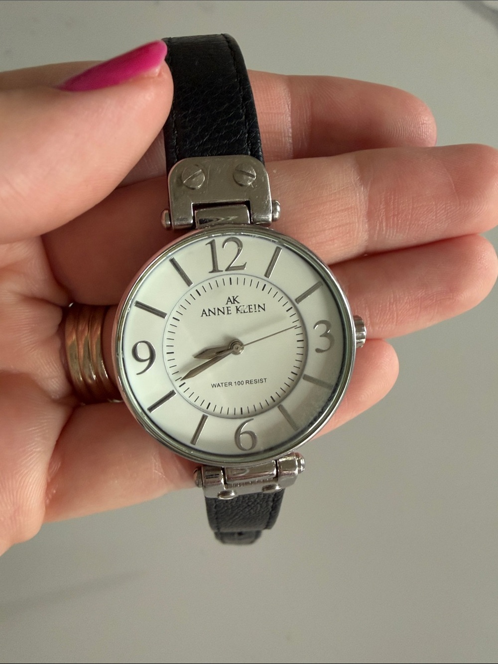 Anne Klein Black Leather Strap Silver-Tone Dial Watch